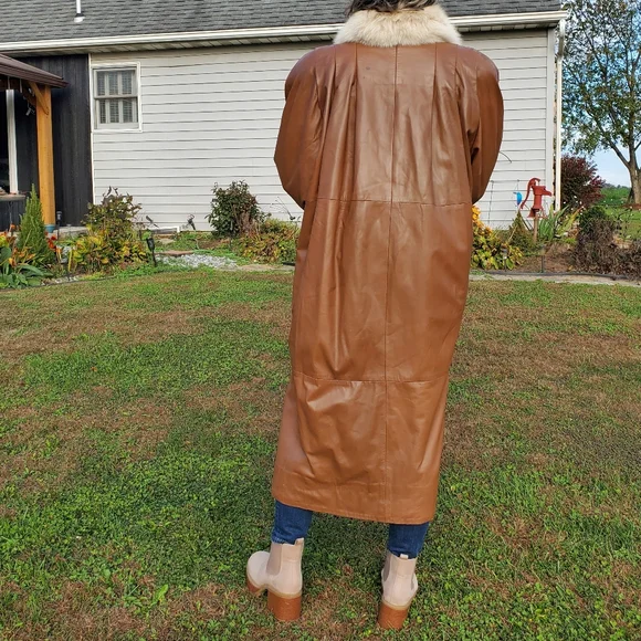 STAVROS Vtg Penny Lane Leather Coat Fox Fur Trim 80s - Picture 12 of 16